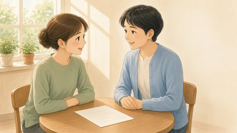 おかあさんと 先生が テーブルで メモを 見ながら 話す イラスト