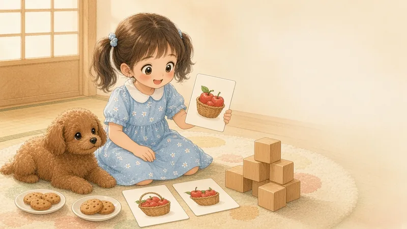 りんごや クッキーの 絵カードを 見せる 女の子と 子犬の イラスト