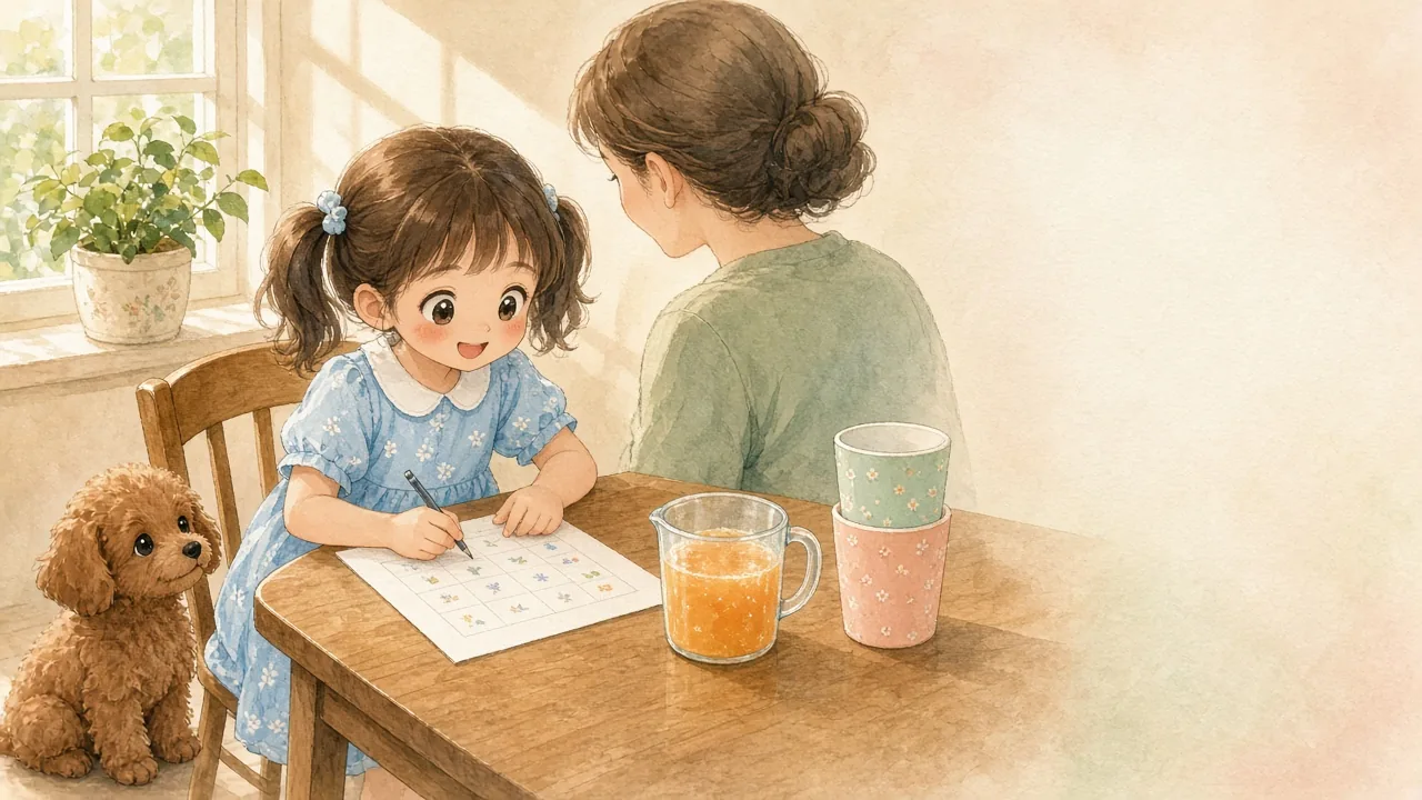 日の あたる テーブルで プリントを する 女の子と、そばに いる おかあさん、足もとの 子犬の 水彩風イラスト