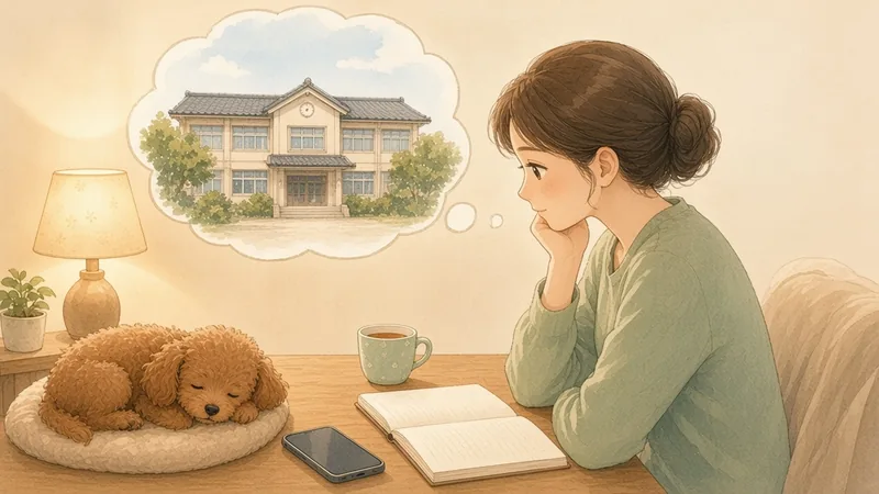 夜、ノートと スマホを 前に 学校の ことを 考える おかあさんと、ねむる 子犬の イラスト